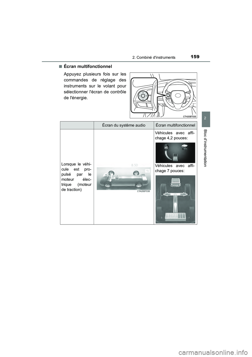 TOYOTA CAMRY HYBRID 2020  Manuel du propriétaire (in French) 1592. Combiné dinstruments
2
Bloc d’instrumentation
CAMRY_HV_D■
Écran multifonctionnel
Appuyez plusieurs fois sur les
commandes de réglage des
instruments sur le volant pour
sélectionner lé