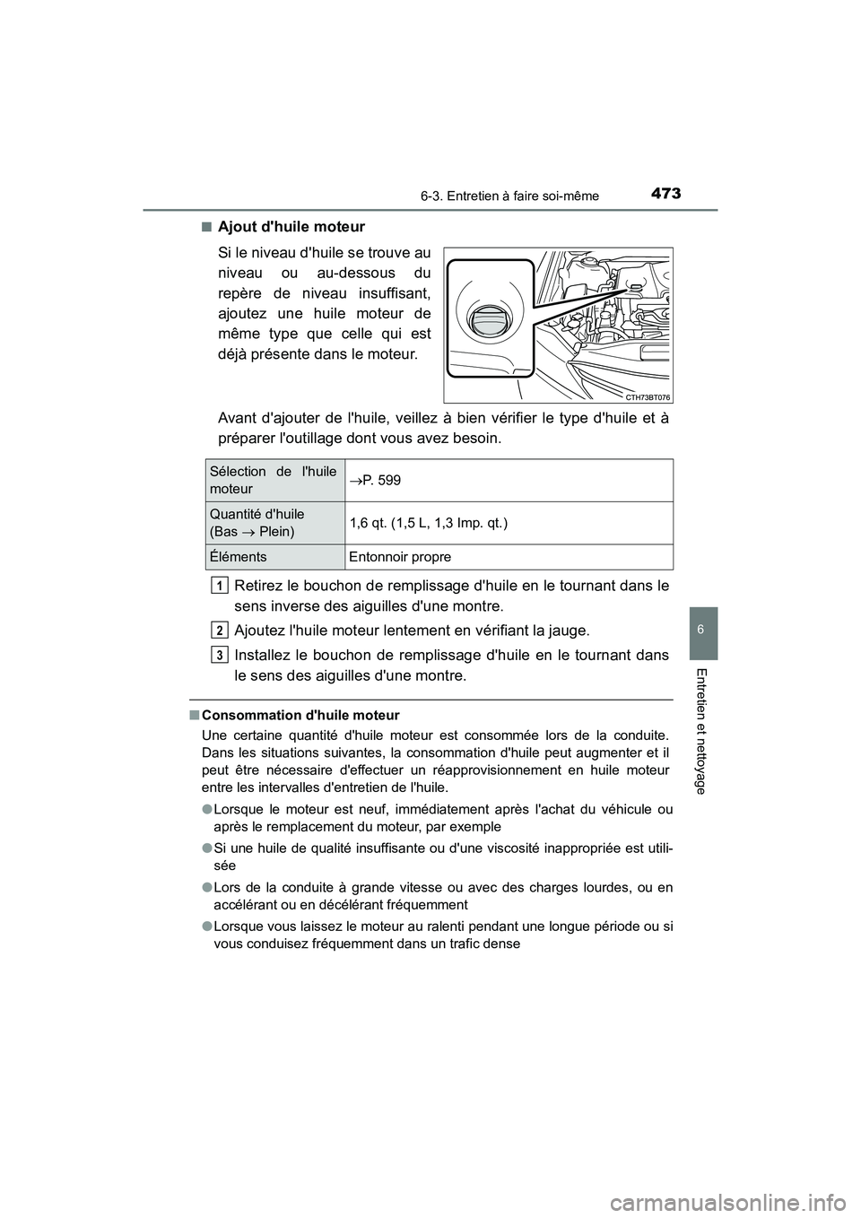 TOYOTA CAMRY HYBRID 2020 Manuel du propriétaire (in French) 4736-3. Entretien à faire soi-même
6
Entretien et nettoyage
CAMRY_HV_D■
Ajout dhuile moteur
Si le niveau dhuile se trouve au
niveau ou au-dessous du
repère de niveau insuffisant,
ajoutez une hu TOYOTA CAMRY HYBRID 2020 Manuel du propriétaire (in French) 4736-3. Entretien à faire soi-même
6
Entretien et nettoyage
CAMRY_HV_D■
Ajout dhuile moteur
Si le niveau dhuile se trouve au
niveau ou au-dessous du
repère de niveau insuffisant,
ajoutez une hu