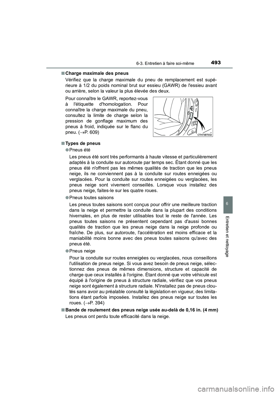 TOYOTA CAMRY HYBRID 2020  Manuel du propriétaire (in French) 4936-3. Entretien à faire soi-même
6
Entretien et nettoyage
CAMRY_HV_D■
Charge maximale des pneus
Vérifiez que la charge maximale du pneu de remplacement est supé-
rieure à 1/2 du poids nominal
