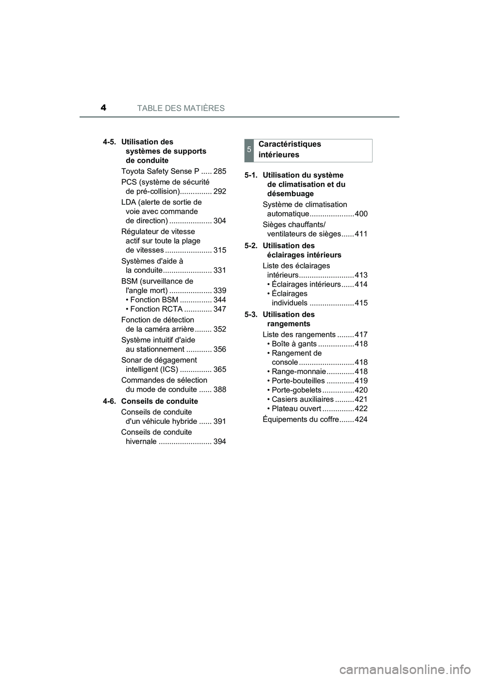 TOYOTA CAMRY HYBRID 2020  Manuel du propriétaire (in French) TABLE DES MATIÈRES4
CAMRY_HV_D4-5. Utilisation des 
systèmes de supports 
de conduite
Toyota Safety Sense P ..... 285
PCS (système de sécurité  de pré-collision)............... 292
LDA (alerte d