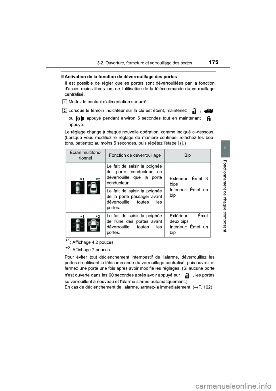 TOYOTA CAMRY HYBRID 2019 Manuel du propriétaire (in French) 1753-2. Ouverture, fermeture et verrouillage des portes
3
Fonctionnement de chaque composant
CAMRY_HV_D
■Activation de la fonction de déverrouillage des portes
Il est possible de régler quelles po TOYOTA CAMRY HYBRID 2019 Manuel du propriétaire (in French) 1753-2. Ouverture, fermeture et verrouillage des portes
3
Fonctionnement de chaque composant
CAMRY_HV_D
■Activation de la fonction de déverrouillage des portes
Il est possible de régler quelles po