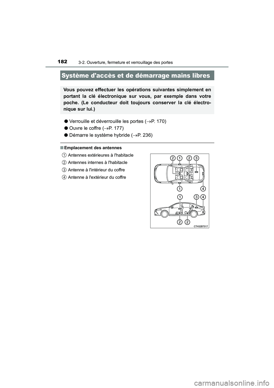 TOYOTA CAMRY HYBRID 2019 Manuel du propriétaire (in French) 1823-2. Ouverture, fermeture et verrouillage des portes
CAMRY_HV_D
●Verrouille et déverrouille les portes ( P. 170)
● Ouvre le coffre ( P. 177)
● Démarre le système hybride ( P. 236) TOYOTA CAMRY HYBRID 2019 Manuel du propriétaire (in French) 1823-2. Ouverture, fermeture et verrouillage des portes
CAMRY_HV_D
●Verrouille et déverrouille les portes ( P. 170)
● Ouvre le coffre ( P. 177)
● Démarre le système hybride ( P. 236)
