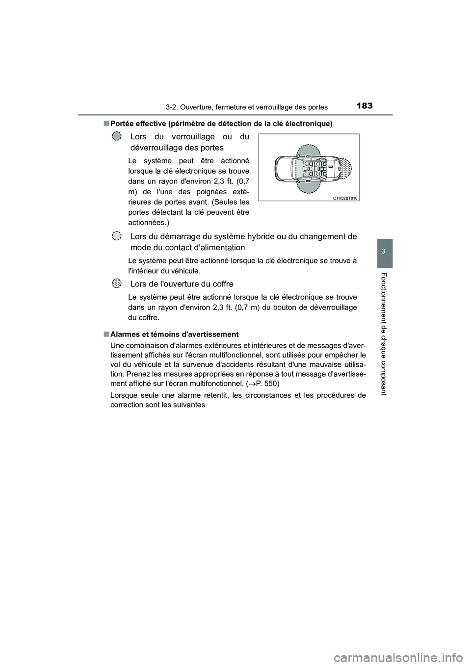 TOYOTA CAMRY HYBRID 2019 Manuel du propriétaire (in French) 1833-2. Ouverture, fermeture et verrouillage des portes
3
Fonctionnement de chaque composant
CAMRY_HV_D■
Portée effective (périmètre de détection de la clé électronique)
■ Alarmes et témoin TOYOTA CAMRY HYBRID 2019 Manuel du propriétaire (in French) 1833-2. Ouverture, fermeture et verrouillage des portes
3
Fonctionnement de chaque composant
CAMRY_HV_D■
Portée effective (périmètre de détection de la clé électronique)
■ Alarmes et témoin