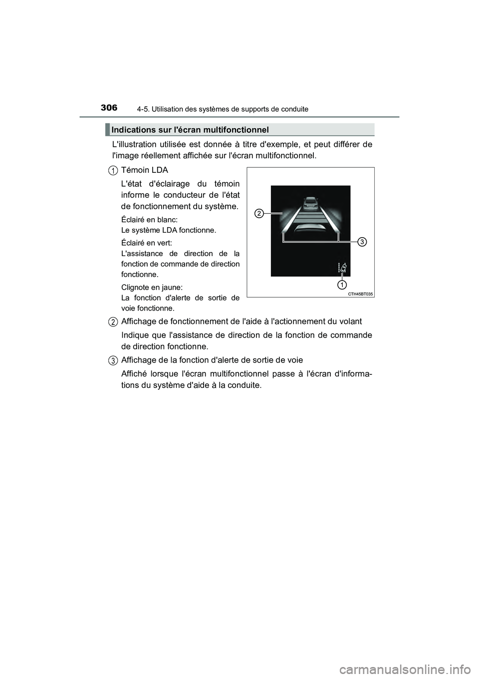 TOYOTA CAMRY HYBRID 2019 Manuel du propriétaire (in French) 3064-5. Utilisation des systèmes de supports de conduite
CAMRY_HV_D
Lillustration utilisée est donnée à titre dexemple, et peut différer de
limage réellement affichée sur lécran multifonct TOYOTA CAMRY HYBRID 2019 Manuel du propriétaire (in French) 3064-5. Utilisation des systèmes de supports de conduite
CAMRY_HV_D
Lillustration utilisée est donnée à titre dexemple, et peut différer de
limage réellement affichée sur lécran multifonct