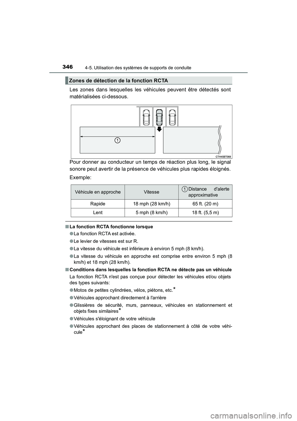 TOYOTA CAMRY HYBRID 2019 Manuel du propriétaire (in French) 3464-5. Utilisation des systèmes de supports de conduite
CAMRY_HV_D
Les zones dans lesquelles les véhicules peuvent être détectés sont
matérialisées ci-dessous.
Pour donner au conducteur un tem TOYOTA CAMRY HYBRID 2019 Manuel du propriétaire (in French) 3464-5. Utilisation des systèmes de supports de conduite
CAMRY_HV_D
Les zones dans lesquelles les véhicules peuvent être détectés sont
matérialisées ci-dessous.
Pour donner au conducteur un tem