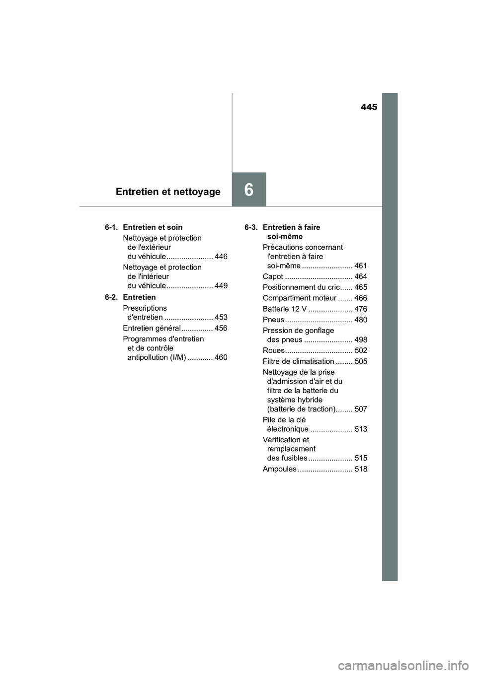 TOYOTA CAMRY HYBRID 2019  Manuel du propriétaire (in French) 445
6Entretien et nettoyage
CAMRY_HV_D6-1.  Entretien et soin
Nettoyage et protection de lextérieur 
du véhicule ...................... 446
Nettoyage et protection  de lintérieur 
du véhicule ..