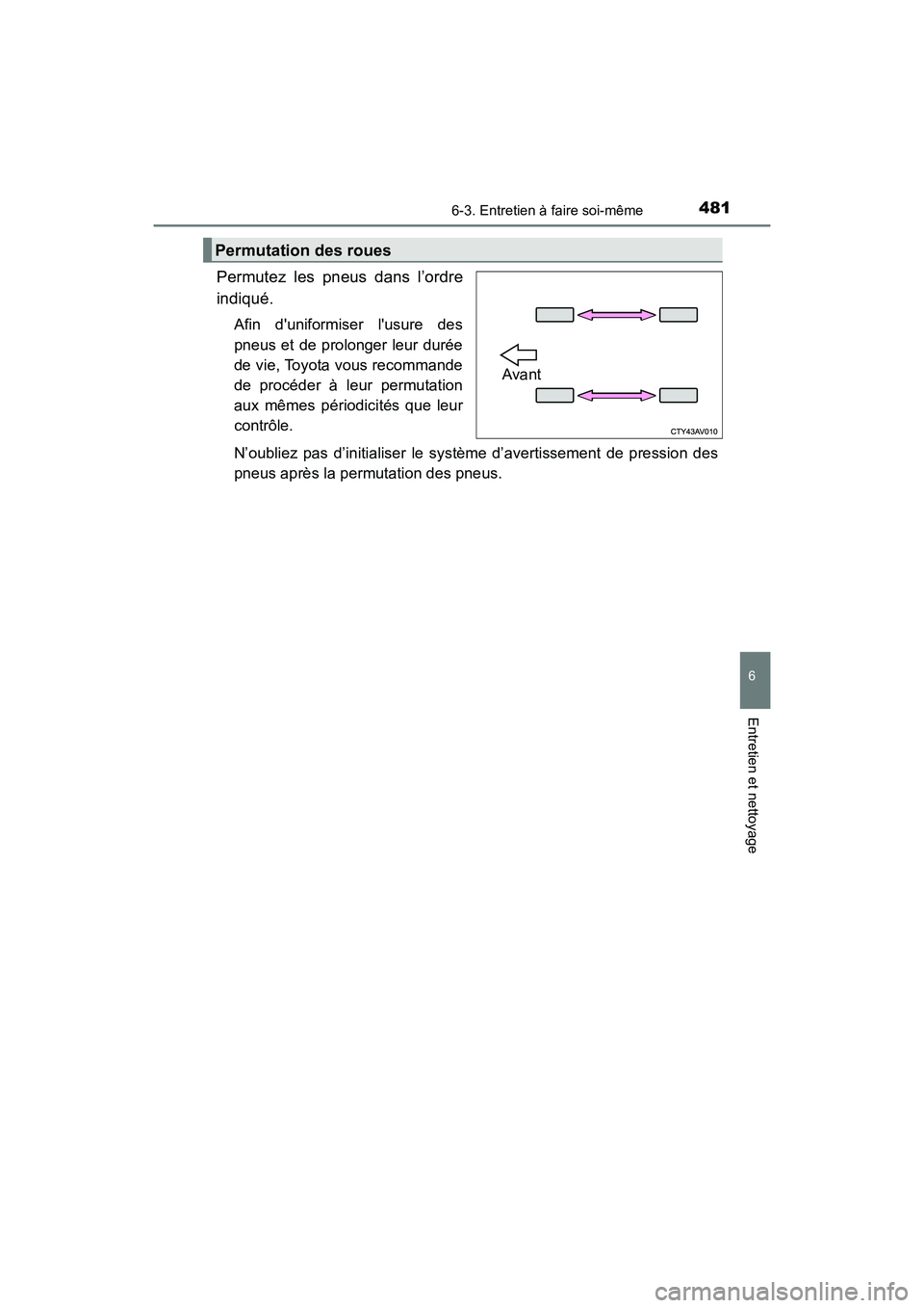 TOYOTA CAMRY HYBRID 2019 Manuel du propriétaire (in French) 4816-3. Entretien à faire soi-même
6
Entretien et nettoyage
CAMRY_HV_D
Permutez les pneus dans l’ordre
indiqué.
Afin duniformiser lusure des
pneus et de prolonger leur durée
de vie, Toyota vou TOYOTA CAMRY HYBRID 2019 Manuel du propriétaire (in French) 4816-3. Entretien à faire soi-même
6
Entretien et nettoyage
CAMRY_HV_D
Permutez les pneus dans l’ordre
indiqué.
Afin duniformiser lusure des
pneus et de prolonger leur durée
de vie, Toyota vou
