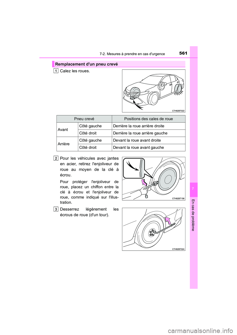 TOYOTA CAMRY HYBRID 2019 Manuel du propriétaire (in French) 5617-2. Mesures à prendre en cas durgence
7
En cas de problème
CAMRY_HV_D
Calez les roues.
Pour les véhicules avec jantes
en acier, retirez lenjoliveur de
roue au moyen de la clé à
écrou.
Pour TOYOTA CAMRY HYBRID 2019 Manuel du propriétaire (in French) 5617-2. Mesures à prendre en cas durgence
7
En cas de problème
CAMRY_HV_D
Calez les roues.
Pour les véhicules avec jantes
en acier, retirez lenjoliveur de
roue au moyen de la clé à
écrou.
Pour