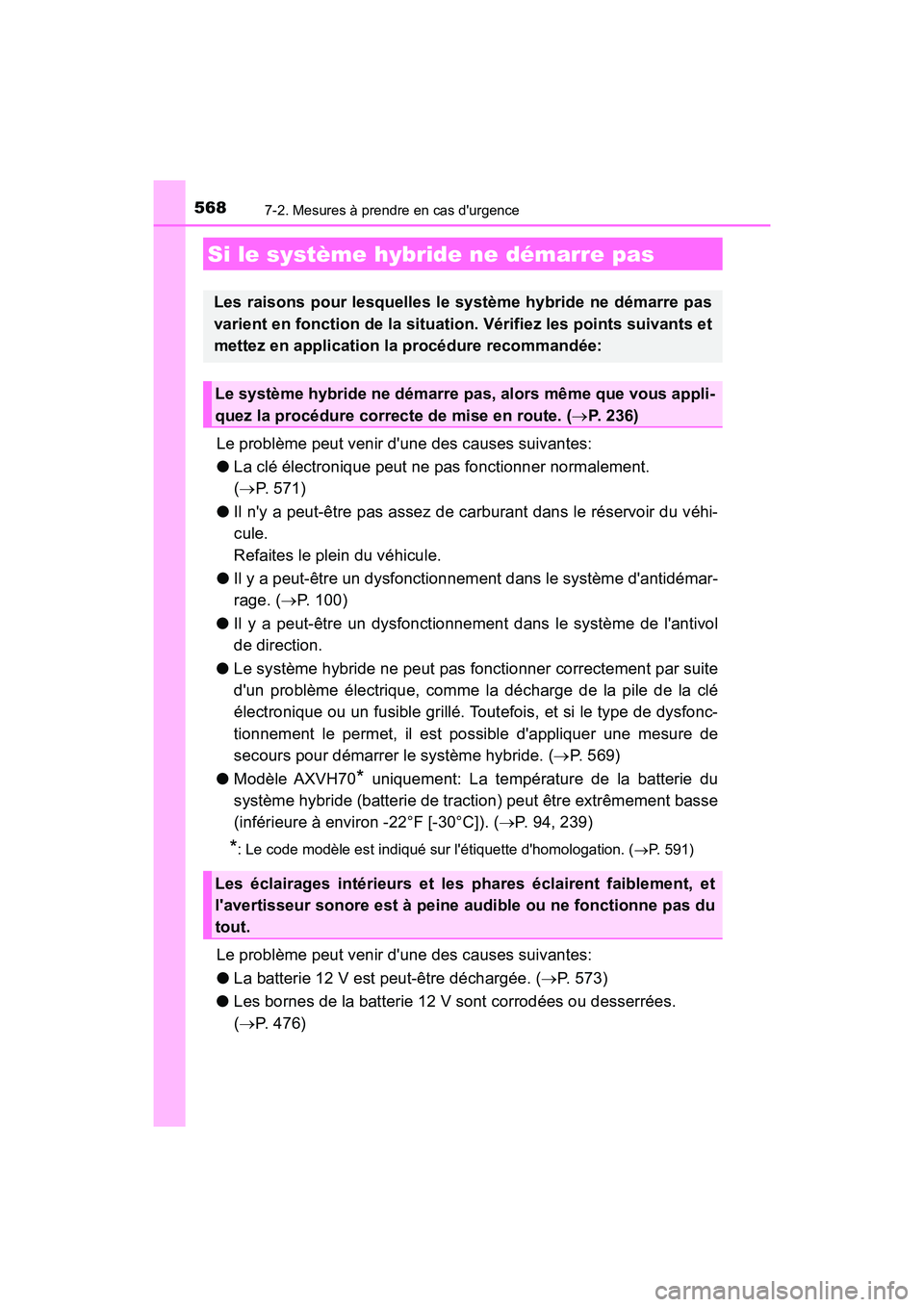 TOYOTA CAMRY HYBRID 2019 Manuel du propriétaire (in French) 5687-2. Mesures à prendre en cas durgence
CAMRY_HV_D
Le problème peut venir dune des causes suivantes:
●La clé électronique peut ne pas fonctionner normalement.
( P. 571)
● Il ny a peut TOYOTA CAMRY HYBRID 2019 Manuel du propriétaire (in French) 5687-2. Mesures à prendre en cas durgence
CAMRY_HV_D
Le problème peut venir dune des causes suivantes:
●La clé électronique peut ne pas fonctionner normalement.
( P. 571)
● Il ny a peut