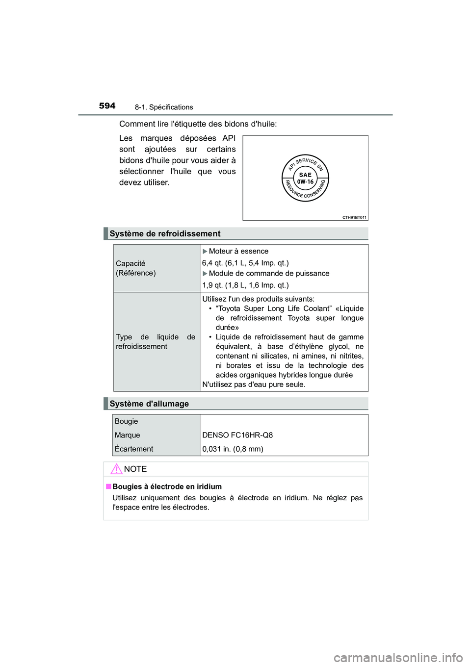 TOYOTA CAMRY HYBRID 2019 Manuel du propriétaire (in French) 5948-1. Spécifications
CAMRY_HV_D
Comment lire létiquette des bidons dhuile:
Les marques déposées API
sont ajoutées sur certains
bidons dhuile pour vous aider à
sélectionner lhuile que vous TOYOTA CAMRY HYBRID 2019 Manuel du propriétaire (in French) 5948-1. Spécifications
CAMRY_HV_D
Comment lire létiquette des bidons dhuile:
Les marques déposées API
sont ajoutées sur certains
bidons dhuile pour vous aider à
sélectionner lhuile que vous