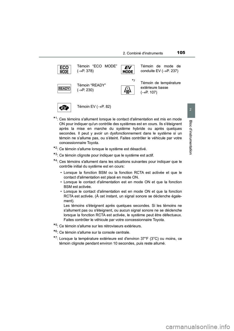 TOYOTA CAMRY HYBRID 2018 Manuel du propriétaire (in French) 1052. Combiné dinstruments
2
Bloc d’instrumentation
CAMRY_HV_D (OM06123D)
*1: Ces témoins sallument lorsque le contact dalimentation est mis en mode
ON pour indiquer quun contrôle des systè TOYOTA CAMRY HYBRID 2018 Manuel du propriétaire (in French) 1052. Combiné dinstruments
2
Bloc d’instrumentation
CAMRY_HV_D (OM06123D)
*1: Ces témoins sallument lorsque le contact dalimentation est mis en mode
ON pour indiquer quun contrôle des systè