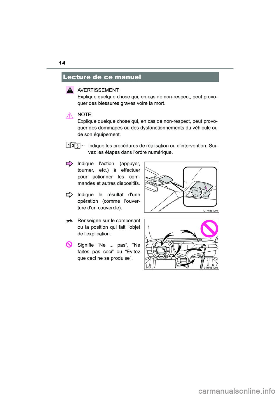 TOYOTA CAMRY HYBRID 2018 Manuel du propriétaire (in French) 14
CAMRY_HV_D (OM06123D)
AVERTISSEMENT:
Explique quelque chose qui, en cas de non-respect, peut provo-
quer des blessures graves voire la mort.
NOTE:
Explique quelque chose qui, en cas de non-re TOYOTA CAMRY HYBRID 2018 Manuel du propriétaire (in French) 14
CAMRY_HV_D (OM06123D)
AVERTISSEMENT:
Explique quelque chose qui, en cas de non-respect, peut provo-
quer des blessures graves voire la mort.
NOTE:
Explique quelque chose qui, en cas de non-re