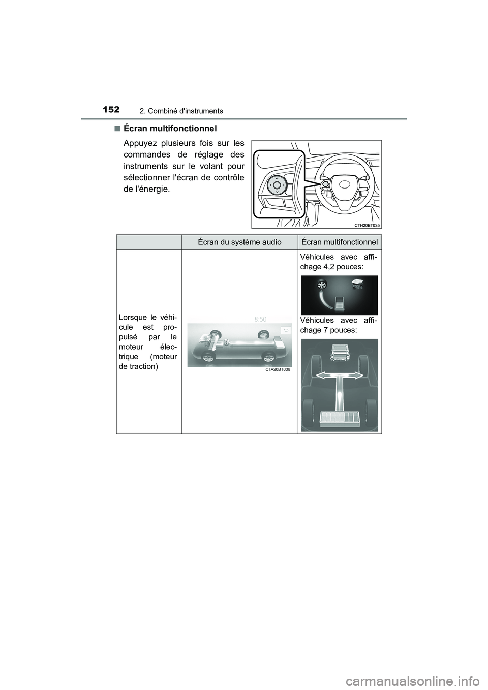 TOYOTA CAMRY HYBRID 2018  Manuel du propriétaire (in French) 1522. Combiné dinstruments
CAMRY_HV_D (OM06123D) 
■Écran multifonctionnel 
Appuyez plusieurs fois sur les 
commandes de réglage des
instruments sur le volant pour 
sélectionner lécran de cont