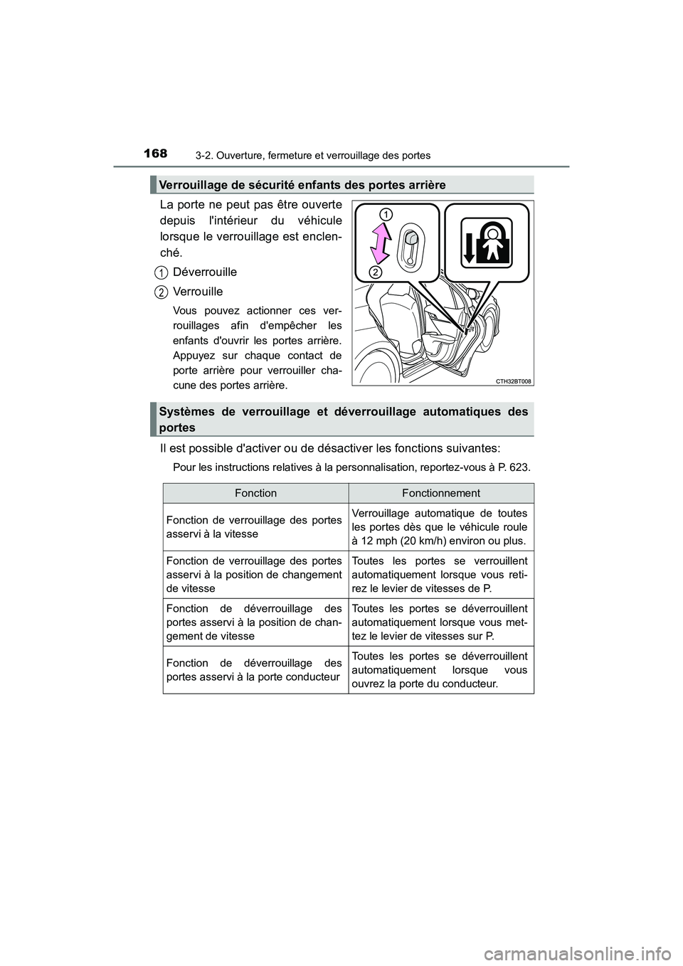 TOYOTA CAMRY HYBRID 2018 Manuel du propriétaire (in French) 1683-2. Ouverture, fermeture et verrouillage des portes
CAMRY_HV_D (OM06123D)
La porte ne peut pas être ouverte
depuis lintérieur du véhicule
lorsque le verrouillage est enclen-
ché.
Déverrou TOYOTA CAMRY HYBRID 2018 Manuel du propriétaire (in French) 1683-2. Ouverture, fermeture et verrouillage des portes
CAMRY_HV_D (OM06123D)
La porte ne peut pas être ouverte
depuis lintérieur du véhicule
lorsque le verrouillage est enclen-
ché.
Déverrou