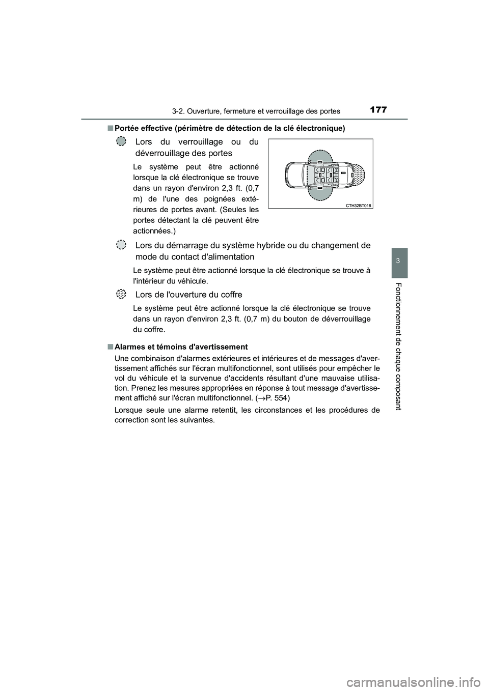 TOYOTA CAMRY HYBRID 2018  Manuel du propriétaire (in French) 1773-2. Ouverture, fermeture et verrouillage des portes
3
Fonctionnement de chaque composant
CAMRY_HV_D (OM06123D) 
■ Portée effective (périmètre de détection de la clé électronique) 
■ Alar