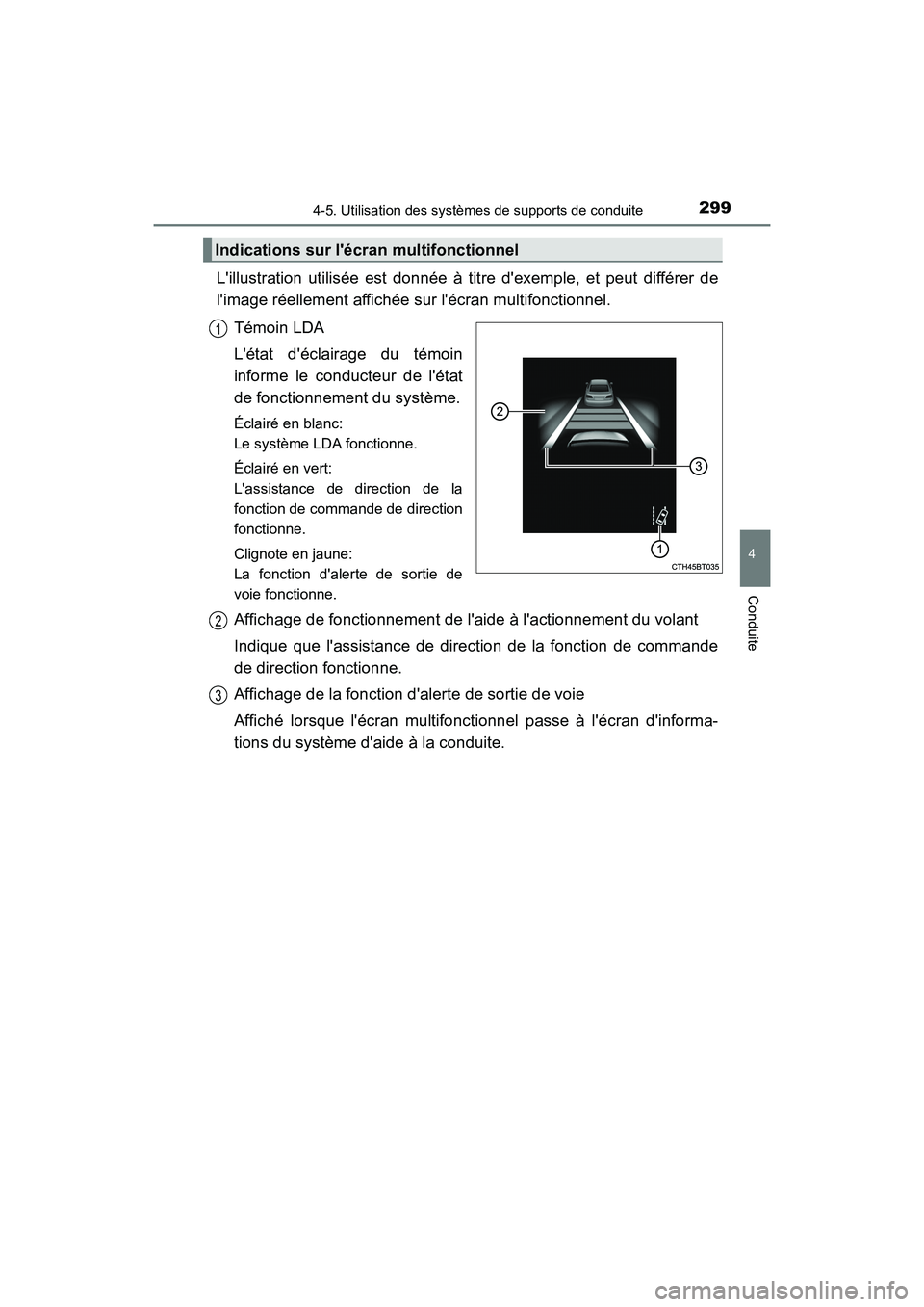 TOYOTA CAMRY HYBRID 2018 Manuel du propriétaire (in French) 2994-5. Utilisation des systèmes de supports de conduite
4
Conduite
CAMRY_HV_D (OM06123D)
Lillustration utilisée est donnée à titre dexemple, et peut différer de
limage réellement affichée TOYOTA CAMRY HYBRID 2018 Manuel du propriétaire (in French) 2994-5. Utilisation des systèmes de supports de conduite
4
Conduite
CAMRY_HV_D (OM06123D)
Lillustration utilisée est donnée à titre dexemple, et peut différer de
limage réellement affichée