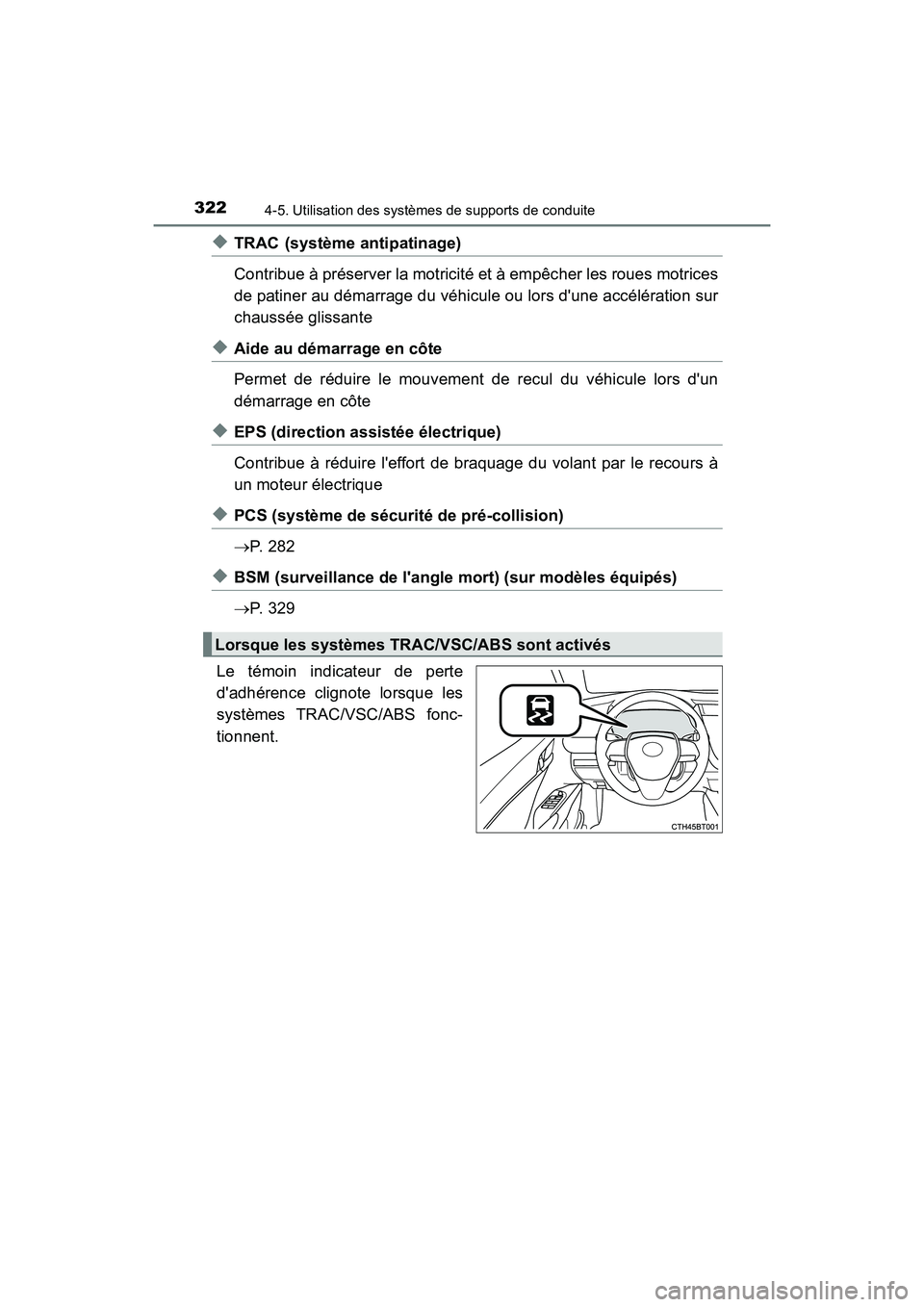 TOYOTA CAMRY HYBRID 2018 Manuel du propriétaire (in French) 3224-5. Utilisation des systèmes de supports de conduite
CAMRY_HV_D (OM06123D)
◆TRAC (système antipatinage)
Contribue à préserver la motricité et à empêcher les roues motrices
de patiner au TOYOTA CAMRY HYBRID 2018 Manuel du propriétaire (in French) 3224-5. Utilisation des systèmes de supports de conduite
CAMRY_HV_D (OM06123D)
◆TRAC (système antipatinage)
Contribue à préserver la motricité et à empêcher les roues motrices
de patiner au