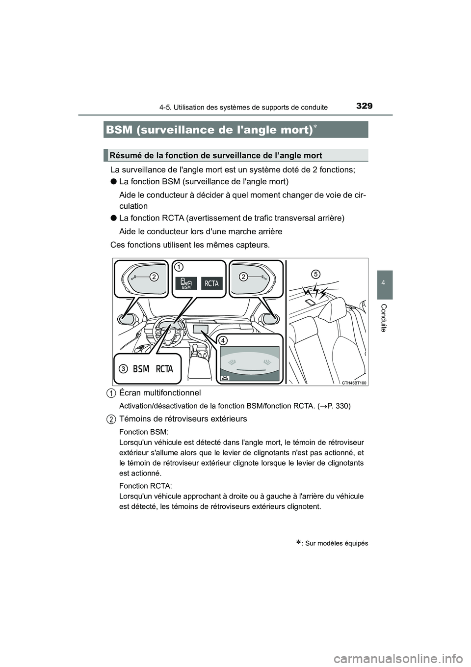 TOYOTA CAMRY HYBRID 2018  Manuel du propriétaire (in French) 3294-5. Utilisation des systèmes de supports de conduite
4
Conduite
CAMRY_HV_D (OM06123D)
La surveillance de langle mort est un système doté de 2 fonctions; 
● La fonction BSM (surveillance de l
