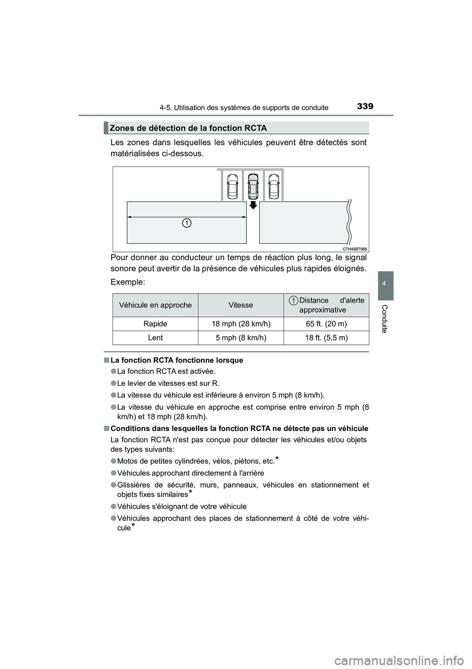 TOYOTA CAMRY HYBRID 2018 Manuel du propriétaire (in French) 3394-5. Utilisation des systèmes de supports de conduite
4
Conduite
CAMRY_HV_D (OM06123D)
Les zones dans lesquelles les véhicules peuvent être détectés sont
matérialisées ci-dessous.
Pour don TOYOTA CAMRY HYBRID 2018 Manuel du propriétaire (in French) 3394-5. Utilisation des systèmes de supports de conduite
4
Conduite
CAMRY_HV_D (OM06123D)
Les zones dans lesquelles les véhicules peuvent être détectés sont
matérialisées ci-dessous.
Pour don