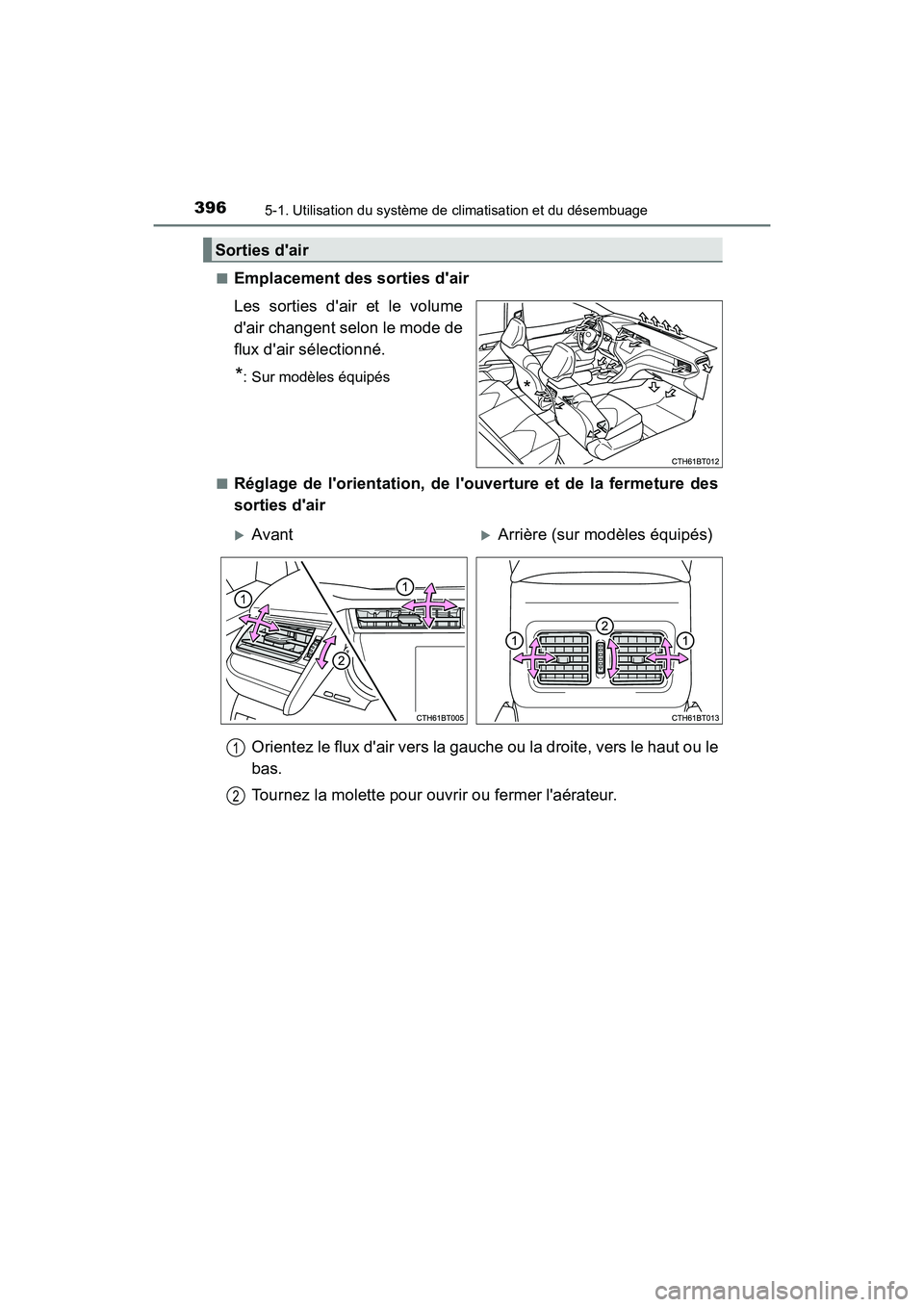 TOYOTA CAMRY HYBRID 2018  Manuel du propriétaire (in French) 3965-1. Utilisation du système de climatisation et du désembuage
CAMRY_HV_D (OM06123D) 
■Emplacement des sorties dair 
Les sorties dair et le volume 
dair changent selon le mode de 
flux dair 
