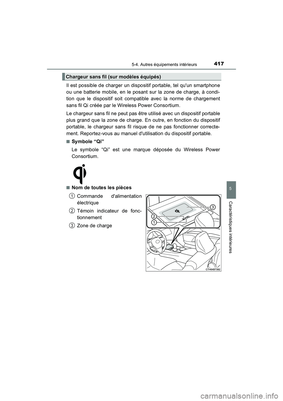 TOYOTA CAMRY HYBRID 2018  Manuel du propriétaire (in French) 4175-4. Autres équipements intérieurs
5
Caractéristiques intérieures
CAMRY_HV_D (OM06123D)
Il est possible de charger un dispositif portable, tel quun smartphone 
ou une batterie mobile, en le po