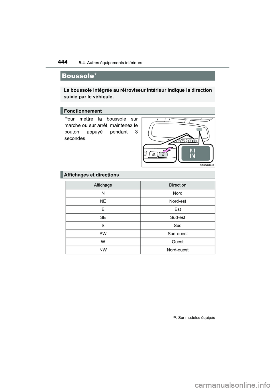 TOYOTA CAMRY HYBRID 2018  Manuel du propriétaire (in French) 4445-4. Autres équipements intérieurs
CAMRY_HV_D (OM06123D)
Pour mettre la boussole sur 
marche ou sur arrêt, maintenez le 
bouton appuyé pendant 3 
secondes.
Boussole
: Sur modèles équip
