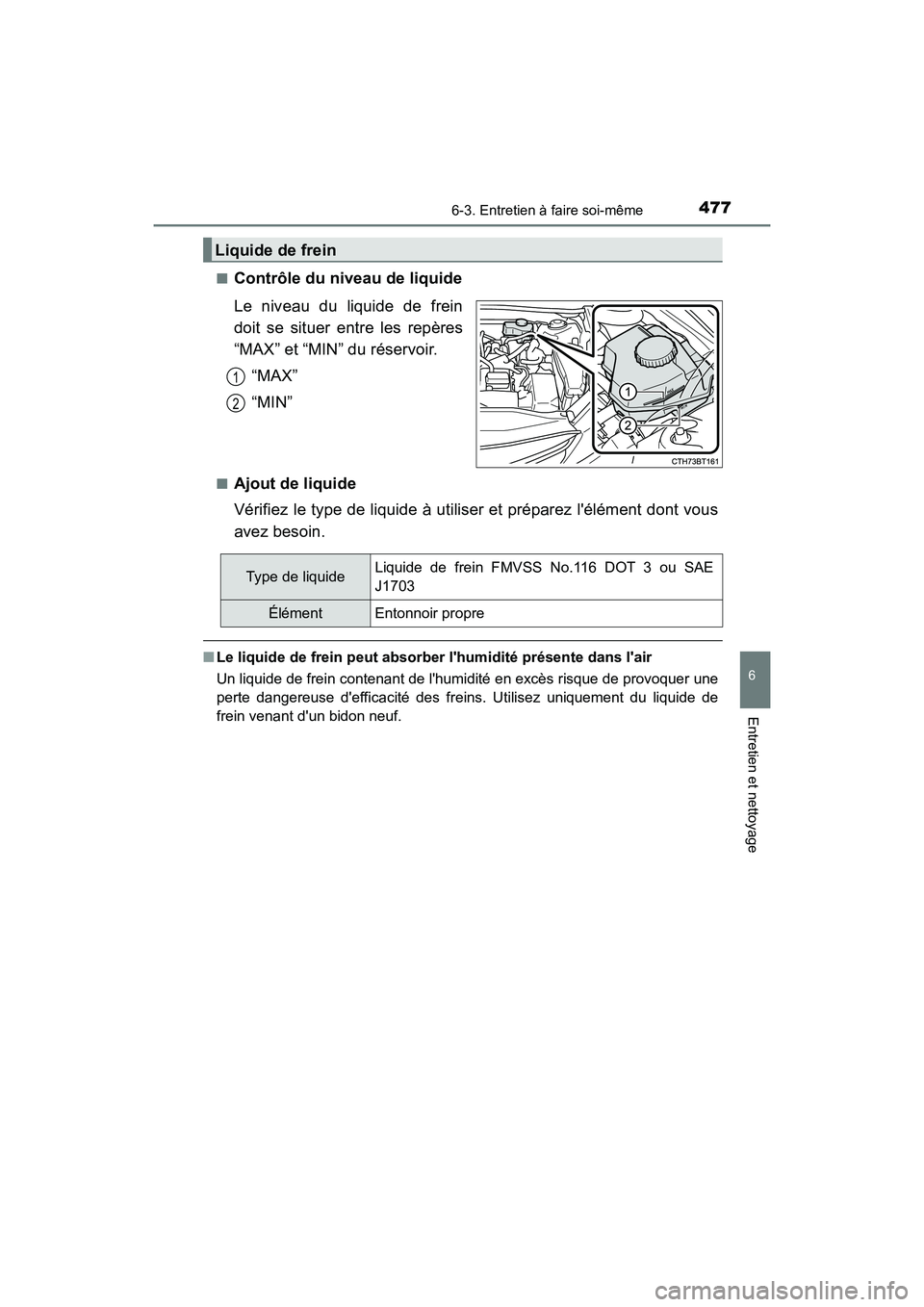 TOYOTA CAMRY HYBRID 2018  Manuel du propriétaire (in French) 4776-3. Entretien à faire soi-même
6
Entretien et nettoyage
CAMRY_HV_D (OM06123D) 
■Contrôle du niveau de liquide 
Le niveau du liquide de frein 
doit se situer entre les repères 
“MAX” et 