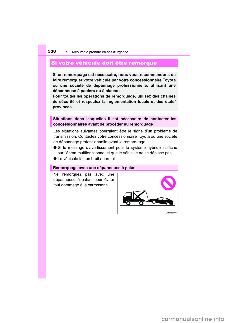 TOYOTA CAMRY HYBRID 2018  Manuel du propriétaire (in French) 538
CAMRY_HV_D (OM06123D)
7-2. Mesures à prendre en cas durgence
Les situations suivantes pourraient être le signe d’un problème de 
transmission. Contactez votre concessionnaire Toyota ou une s