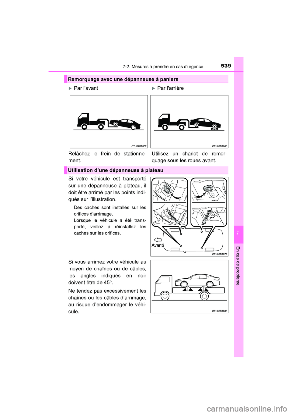 TOYOTA CAMRY HYBRID 2018  Manuel du propriétaire (in French) 5397-2. Mesures à prendre en cas durgence
7
En cas de problème
CAMRY_HV_D (OM06123D)
Si votre véhicule est transporté 
sur une dépanneuse à plateau, il
doit être arrimé par les points indi- 

