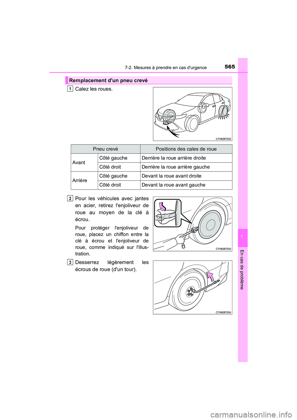 TOYOTA CAMRY HYBRID 2018 Manuel du propriétaire (in French) 5657-2. Mesures à prendre en cas durgence
7
En cas de problème
CAMRY_HV_D (OM06123D)
Calez les roues.
Pour les véhicules avec jantes
en acier, retirez lenjoliveur de
roue au moyen de la clé TOYOTA CAMRY HYBRID 2018 Manuel du propriétaire (in French) 5657-2. Mesures à prendre en cas durgence
7
En cas de problème
CAMRY_HV_D (OM06123D)
Calez les roues.
Pour les véhicules avec jantes
en acier, retirez lenjoliveur de
roue au moyen de la clé