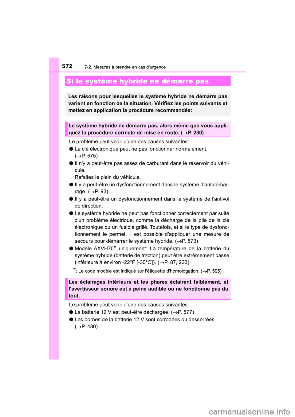TOYOTA CAMRY HYBRID 2018 Manuel du propriétaire (in French) 5727-2. Mesures à prendre en cas durgence
CAMRY_HV_D (OM06123D)
Le problème peut venir dune des causes suivantes:
● La clé électronique peut ne pas fonctionner normalement.
( P. 575)
TOYOTA CAMRY HYBRID 2018 Manuel du propriétaire (in French) 5727-2. Mesures à prendre en cas durgence
CAMRY_HV_D (OM06123D)
Le problème peut venir dune des causes suivantes:
● La clé électronique peut ne pas fonctionner normalement.
( P. 575)