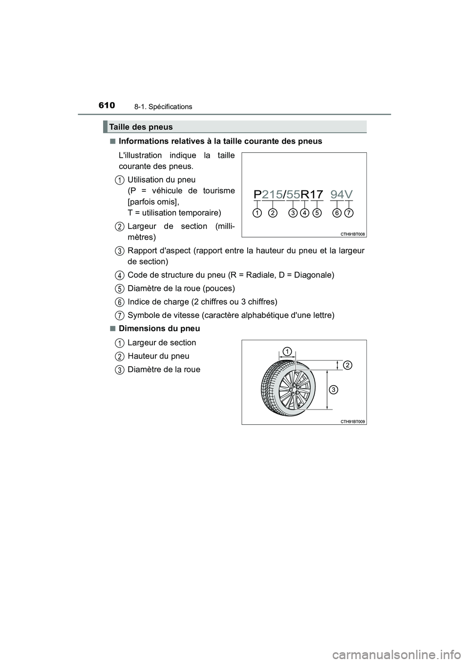 TOYOTA CAMRY HYBRID 2018  Manuel du propriétaire (in French) 6108-1. Spécifications
CAMRY_HV_D (OM06123D) 
■Informations relatives à la taille courante des pneus 
Lillustration indique la taille 
courante des pneus. 
Utilisation du pneu  
(P = véhicule de