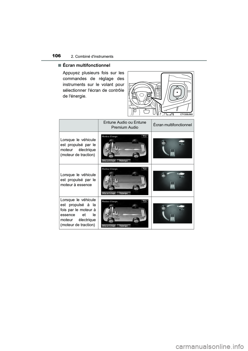 TOYOTA CAMRY HYBRID 2017  Manuel du propriétaire (in French) 1062. Combiné dinstruments
CAMRY_HV_D (OM33C65D)■
Écran multifonctionnel
Appuyez plusieurs fois sur les
commandes de réglage des
instruments sur le volant pour
sélectionner lécran de contrôl