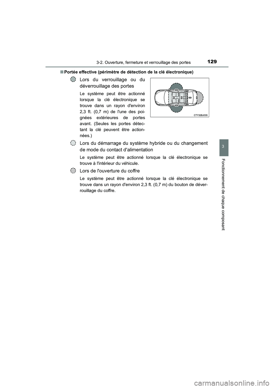 TOYOTA CAMRY HYBRID 2017 Manuel du propriétaire (in French) 1293-2. Ouverture, fermeture et verrouillage des portes
3
Fonctionnement de chaque composant
CAMRY_HV_D (OM33C65D)■
Portée effective (périmètre de détection de la clé électronique)
Lors du ver TOYOTA CAMRY HYBRID 2017 Manuel du propriétaire (in French) 1293-2. Ouverture, fermeture et verrouillage des portes
3
Fonctionnement de chaque composant
CAMRY_HV_D (OM33C65D)■
Portée effective (périmètre de détection de la clé électronique)
Lors du ver