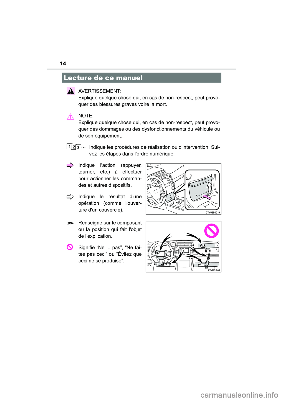TOYOTA CAMRY HYBRID 2017 Manuel du propriétaire (in French) 14
CAMRY_HV_D (OM33C65D)
AVERTISSEMENT:
Explique quelque chose qui, en cas de non-respect, peut provo-
quer des blessures graves voire la mort.
NOTE:
Explique quelque chose qui, en cas de non-respec TOYOTA CAMRY HYBRID 2017 Manuel du propriétaire (in French) 14
CAMRY_HV_D (OM33C65D)
AVERTISSEMENT:
Explique quelque chose qui, en cas de non-respect, peut provo-
quer des blessures graves voire la mort.
NOTE:
Explique quelque chose qui, en cas de non-respec