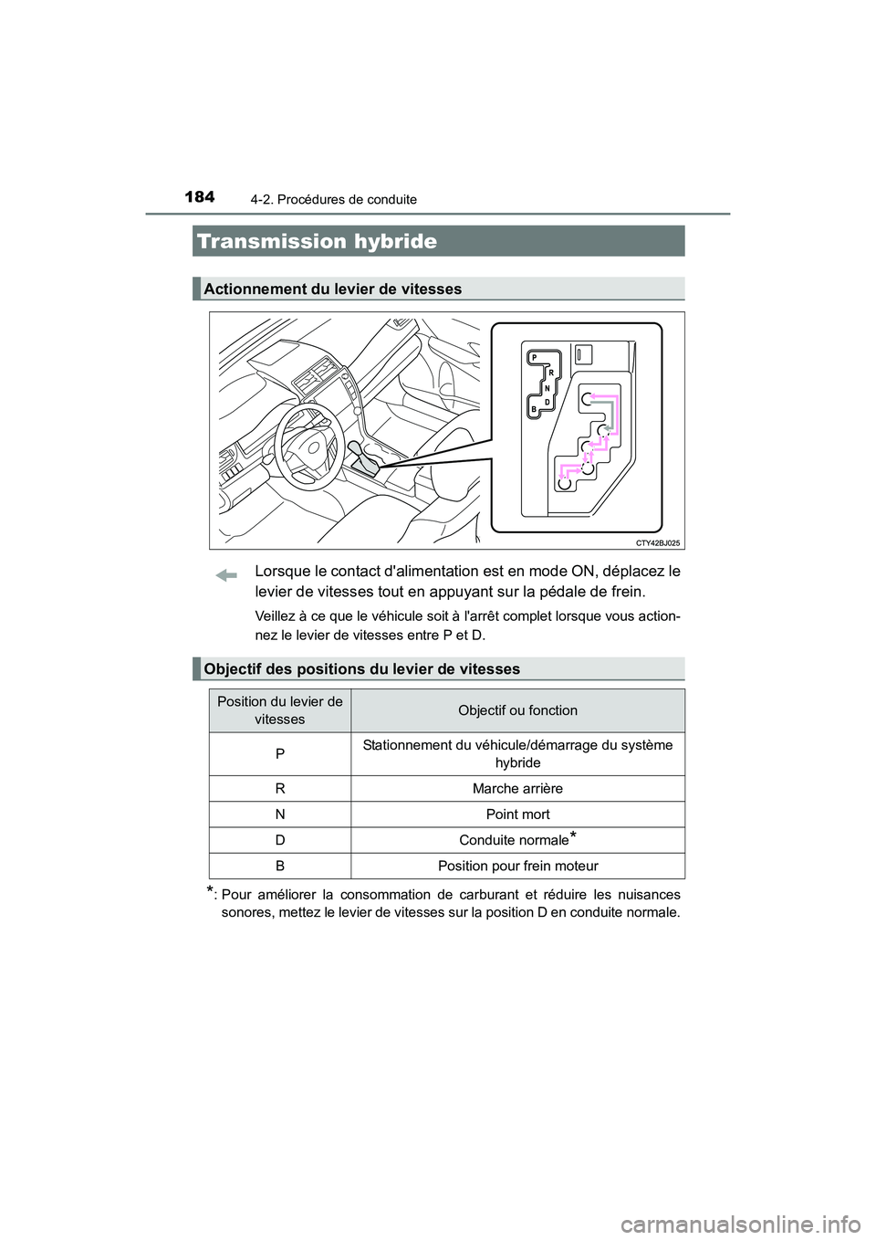 TOYOTA CAMRY HYBRID 2017  Manuel du propriétaire (in French) 1844-2. Procédures de conduite
CAMRY_HV_D (OM33C65D)
Lorsque le contact dalimentation est en mode ON, déplacez le
levier de vitesses tout en appuyant sur la pédale de frein.
Veillez à ce que le v