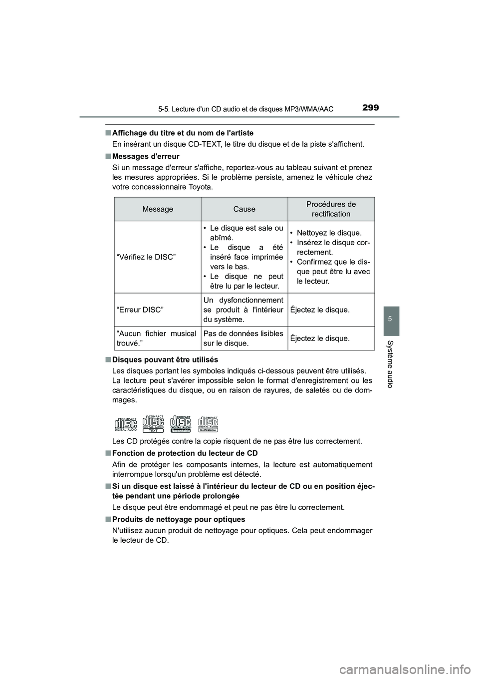 TOYOTA CAMRY HYBRID 2017 Manuel du propriétaire (in French) 2995-5. Lecture dun CD audio et de disques MP3/WMA/AAC
5
Système audio
CAMRY_HV_D (OM33C65D)
■Affichage du titre et du nom de lartiste
En insérant un disque CD-TEXT, le titre du disque et de la TOYOTA CAMRY HYBRID 2017 Manuel du propriétaire (in French) 2995-5. Lecture dun CD audio et de disques MP3/WMA/AAC
5
Système audio
CAMRY_HV_D (OM33C65D)
■Affichage du titre et du nom de lartiste
En insérant un disque CD-TEXT, le titre du disque et de la