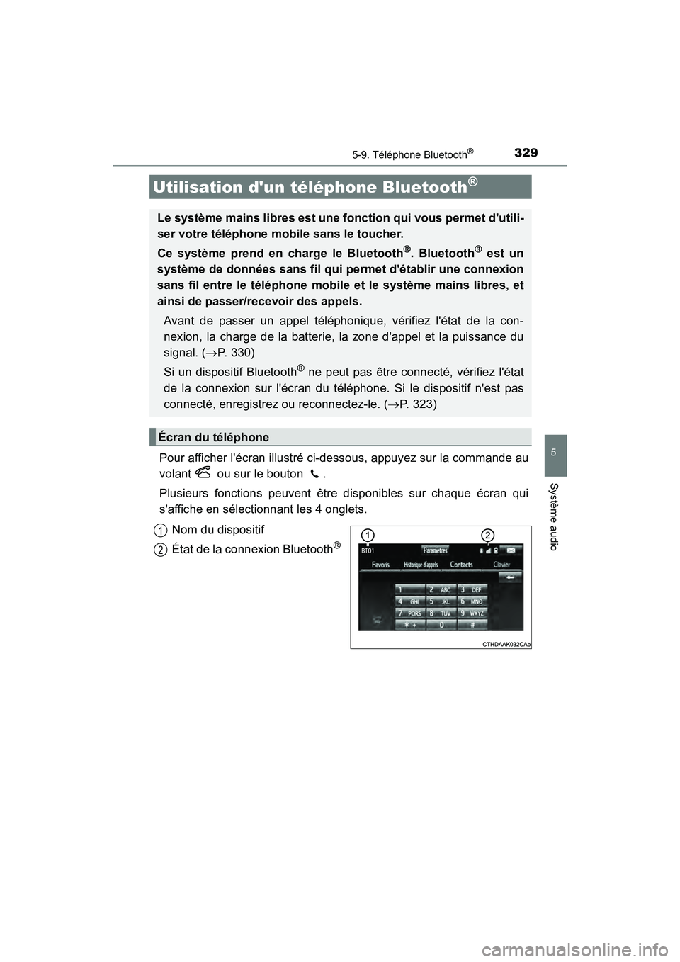 TOYOTA CAMRY HYBRID 2017  Manuel du propriétaire (in French) 329
5
Système audio
CAMRY_HV_D (OM33C65D)
5-9. Téléphone Bluetooth®
Pour afficher lécran illustré ci-dessous, appuyez sur la commande au
volant   ou sur le bouton  .
Plusieurs fonctions peuvent