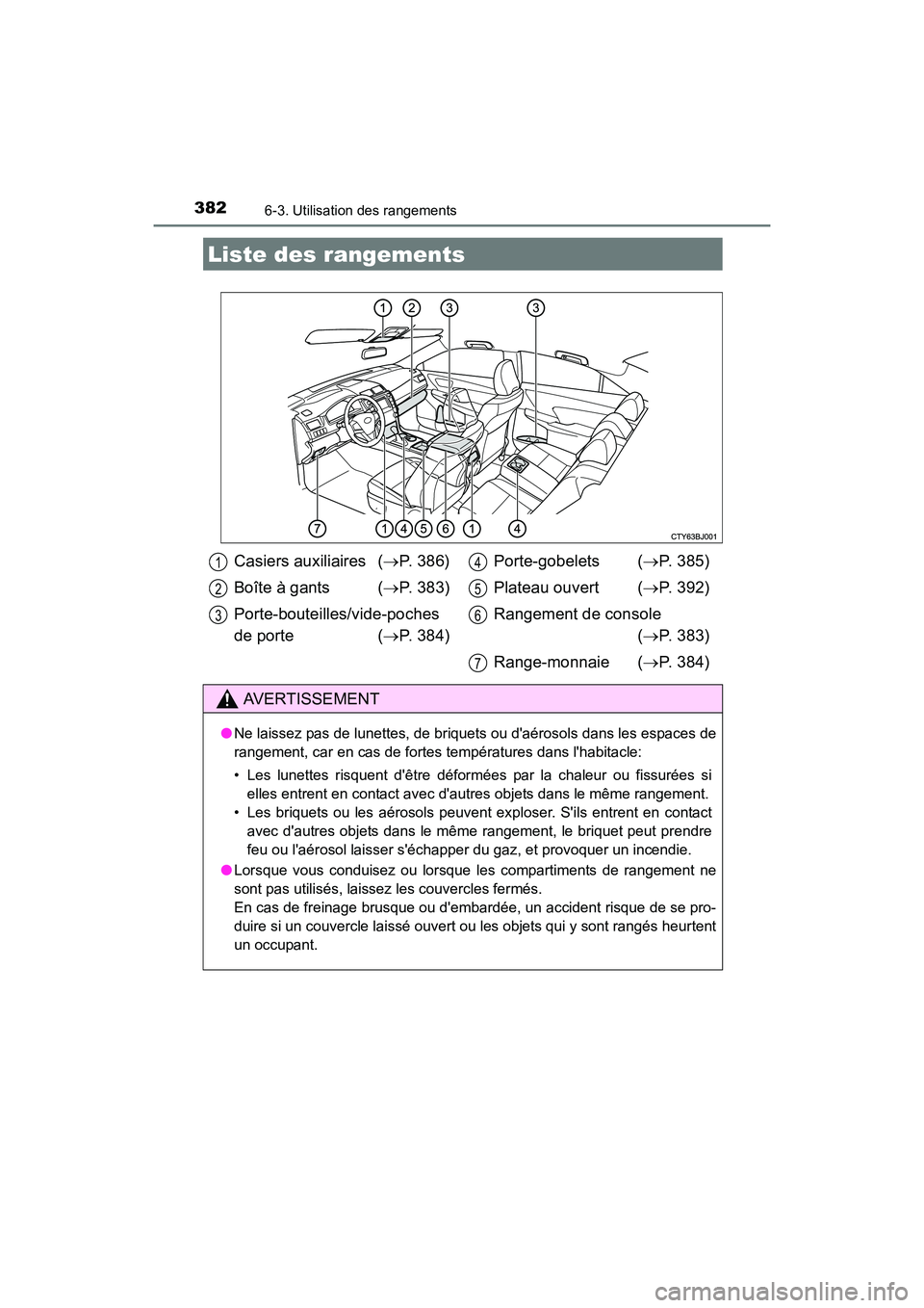 TOYOTA CAMRY HYBRID 2017 Manuel du propriétaire (in French) 382
CAMRY_HV_D (OM33C65D)
6-3. Utilisation des rangements
Liste des rangements
Casiers auxiliaires (→P. 386)
Boîte à gants ( →P. 383)
Porte-bouteilles/vide-poches
de porte ( →P. 384) Porte-gob TOYOTA CAMRY HYBRID 2017 Manuel du propriétaire (in French) 382
CAMRY_HV_D (OM33C65D)
6-3. Utilisation des rangements
Liste des rangements
Casiers auxiliaires (→P. 386)
Boîte à gants ( →P. 383)
Porte-bouteilles/vide-poches
de porte ( →P. 384) Porte-gob