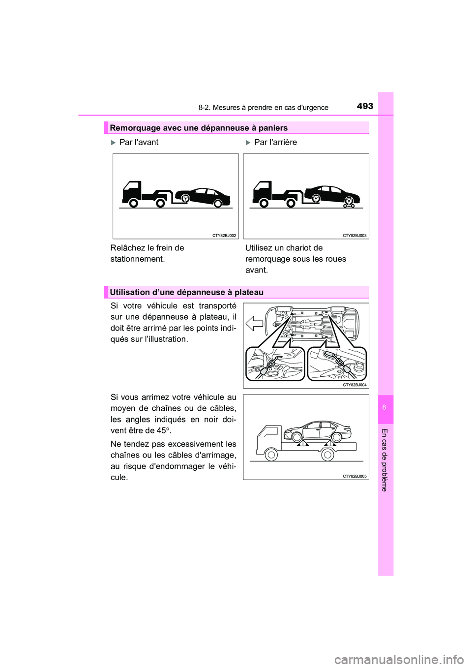 TOYOTA CAMRY HYBRID 2017 Manuel du propriétaire (in French) 4938-2. Mesures à prendre en cas durgence
8
En cas de problème
CAMRY_HV_D (OM33C65D)
Si votre véhicule est transporté
sur une dépanneuse à plateau, il
doit être arrimé par les points indi-
qu TOYOTA CAMRY HYBRID 2017 Manuel du propriétaire (in French) 4938-2. Mesures à prendre en cas durgence
8
En cas de problème
CAMRY_HV_D (OM33C65D)
Si votre véhicule est transporté
sur une dépanneuse à plateau, il
doit être arrimé par les points indi-
qu