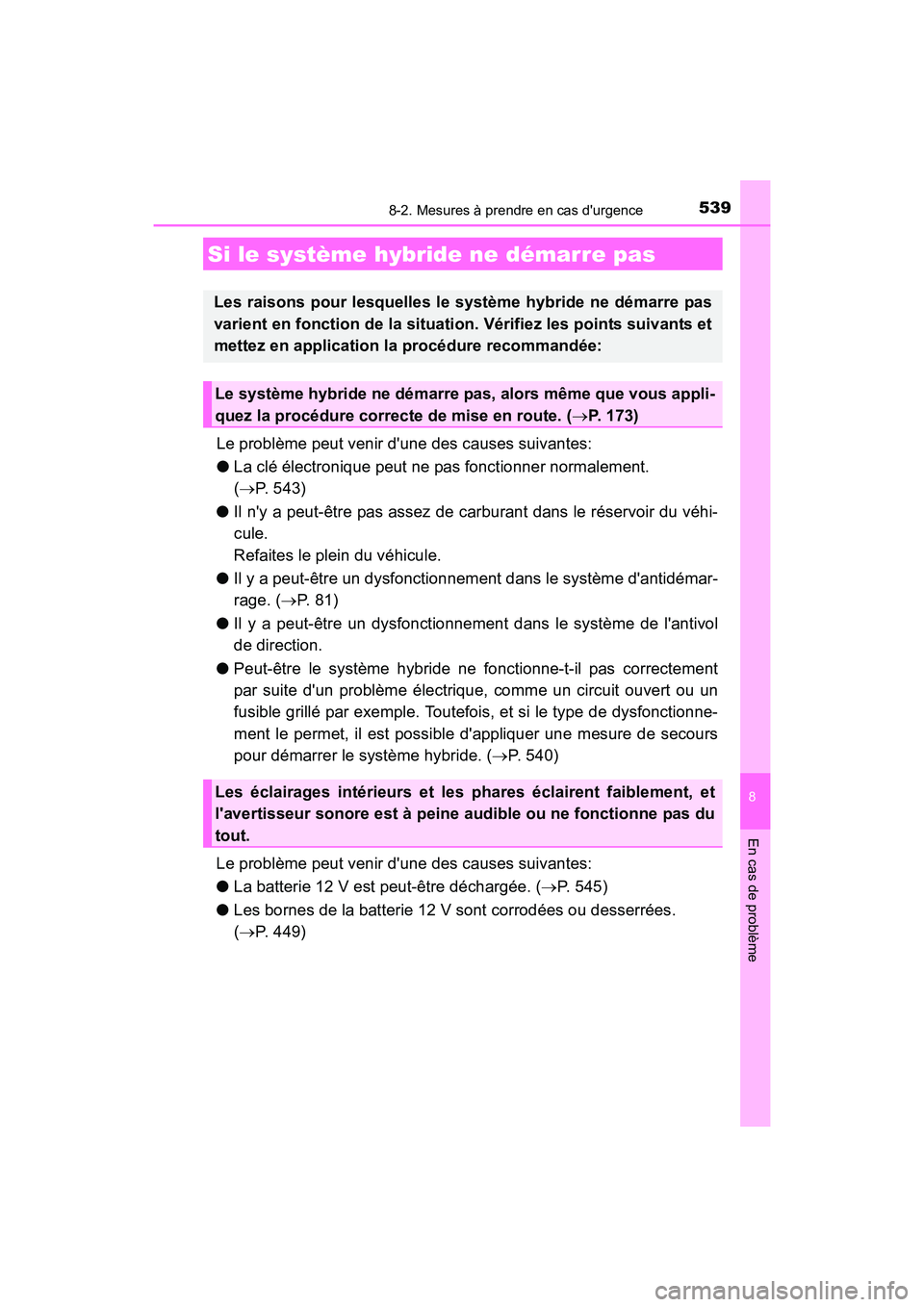 TOYOTA CAMRY HYBRID 2017  Manuel du propriétaire (in French) 5398-2. Mesures à prendre en cas durgence
8
En cas de problème
CAMRY_HV_D (OM33C65D)
Le problème peut venir dune des causes suivantes:
●La clé électronique peut ne pas fonctionner normalement