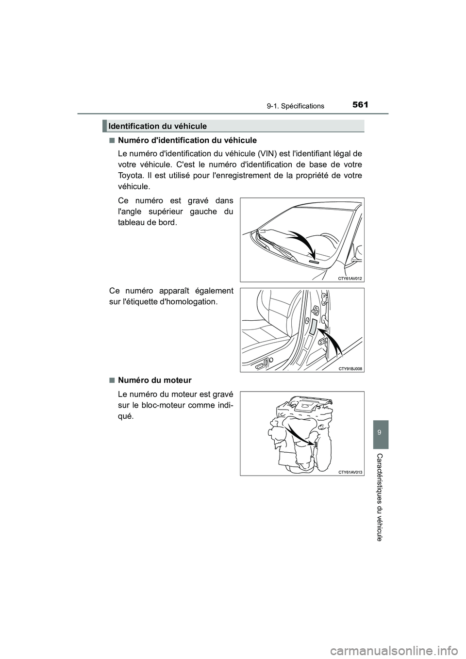 TOYOTA CAMRY HYBRID 2017 Manuel du propriétaire (in French) 5619-1. Spécifications
9
Caractéristiques du véhicule
CAMRY_HV_D (OM33C65D)■
Numéro didentification du véhicule
Le numéro didentification du véhicule (VIN) est lidentifiant légal de
votre TOYOTA CAMRY HYBRID 2017 Manuel du propriétaire (in French) 5619-1. Spécifications
9
Caractéristiques du véhicule
CAMRY_HV_D (OM33C65D)■
Numéro didentification du véhicule
Le numéro didentification du véhicule (VIN) est lidentifiant légal de
votre