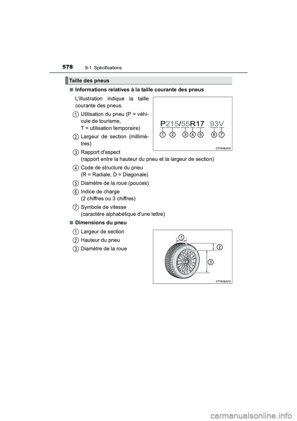TOYOTA CAMRY HYBRID 2017  Manuel du propriétaire (in French) 5789-1. Spécifications
CAMRY_HV_D (OM33C65D)■
Informations relatives à la taille courante des pneus
Lillustration indique la taille
courante des pneus.
Utilisation du pneu (P = véhi-
cule de tou