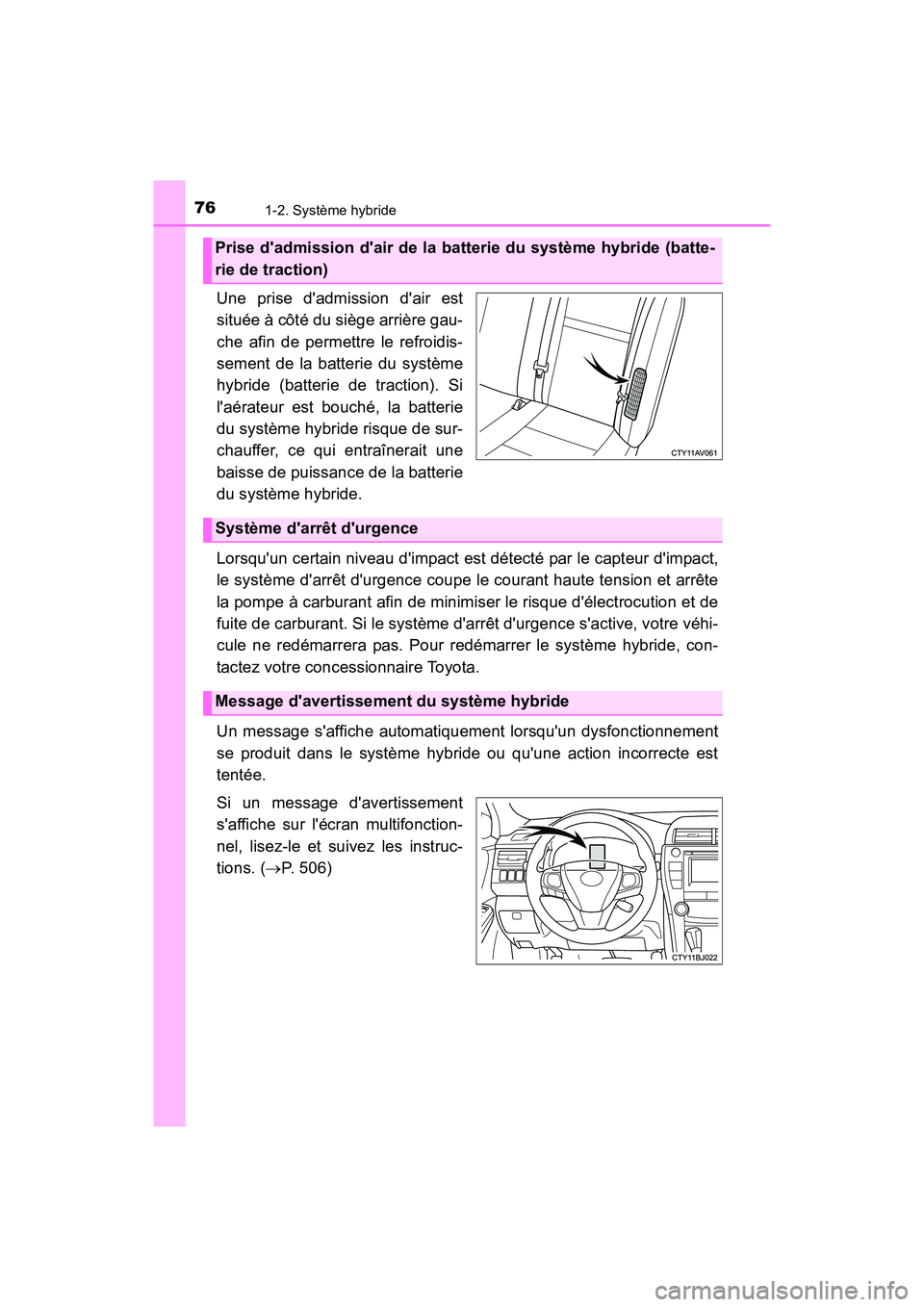 TOYOTA CAMRY HYBRID 2017 Manuel du propriétaire (in French) 761-2. Système hybride
CAMRY_HV_D (OM33C65D)
Une prise dadmission dair est
située à côté du siège arrière gau-
che afin de permettre le refroidis-
sement de la batterie du système
hybride (b TOYOTA CAMRY HYBRID 2017 Manuel du propriétaire (in French) 761-2. Système hybride
CAMRY_HV_D (OM33C65D)
Une prise dadmission dair est
située à côté du siège arrière gau-
che afin de permettre le refroidis-
sement de la batterie du système
hybride (b