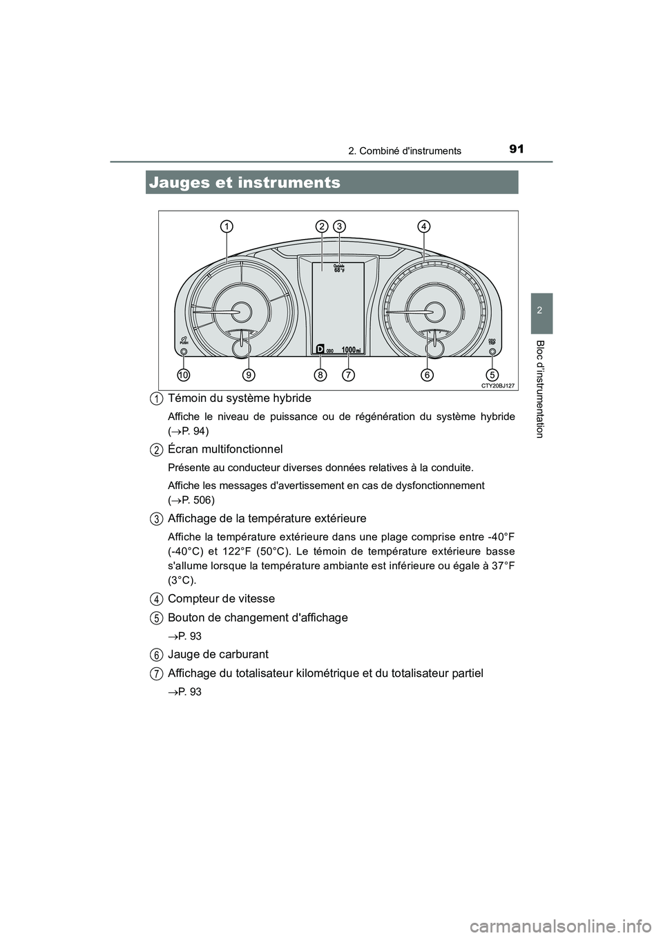 TOYOTA CAMRY HYBRID 2017 Manuel du propriétaire (in French) 912. Combiné dinstruments
2
Bloc d’instrumentation
CAMRY_HV_D (OM33C65D)
Témoin du système hybride
Affiche le niveau de puissance ou de régénération du système hybride
(→ P. 94)
Écran mul TOYOTA CAMRY HYBRID 2017 Manuel du propriétaire (in French) 912. Combiné dinstruments
2
Bloc d’instrumentation
CAMRY_HV_D (OM33C65D)
Témoin du système hybride
Affiche le niveau de puissance ou de régénération du système hybride
(→ P. 94)
Écran mul