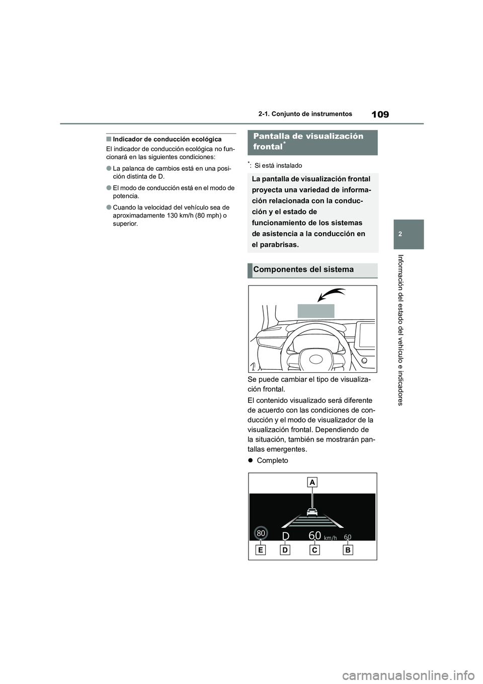 TOYOTA COROLLA 2023  Manual del propietario (in Spanish) 109
2 
2-1. Conjunto de instrumentos
Información del estado del vehículo e indicadores
■Indicador de conducción ecológica 
El indicador de conduc ción ecológica no fun- cionará en las siguien