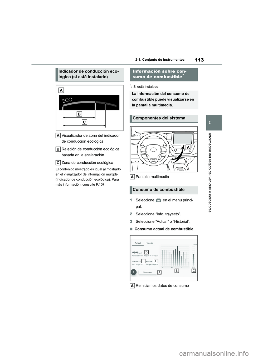 TOYOTA COROLLA 2023  Manual del propietario (in Spanish) 113
2 
2-1. Conjunto de instrumentos
Información del estado del vehículo e indicadoresVisualizador de zona del indicador  
de conducción ecológica 
Relación de conducción ecológica  
basada en 