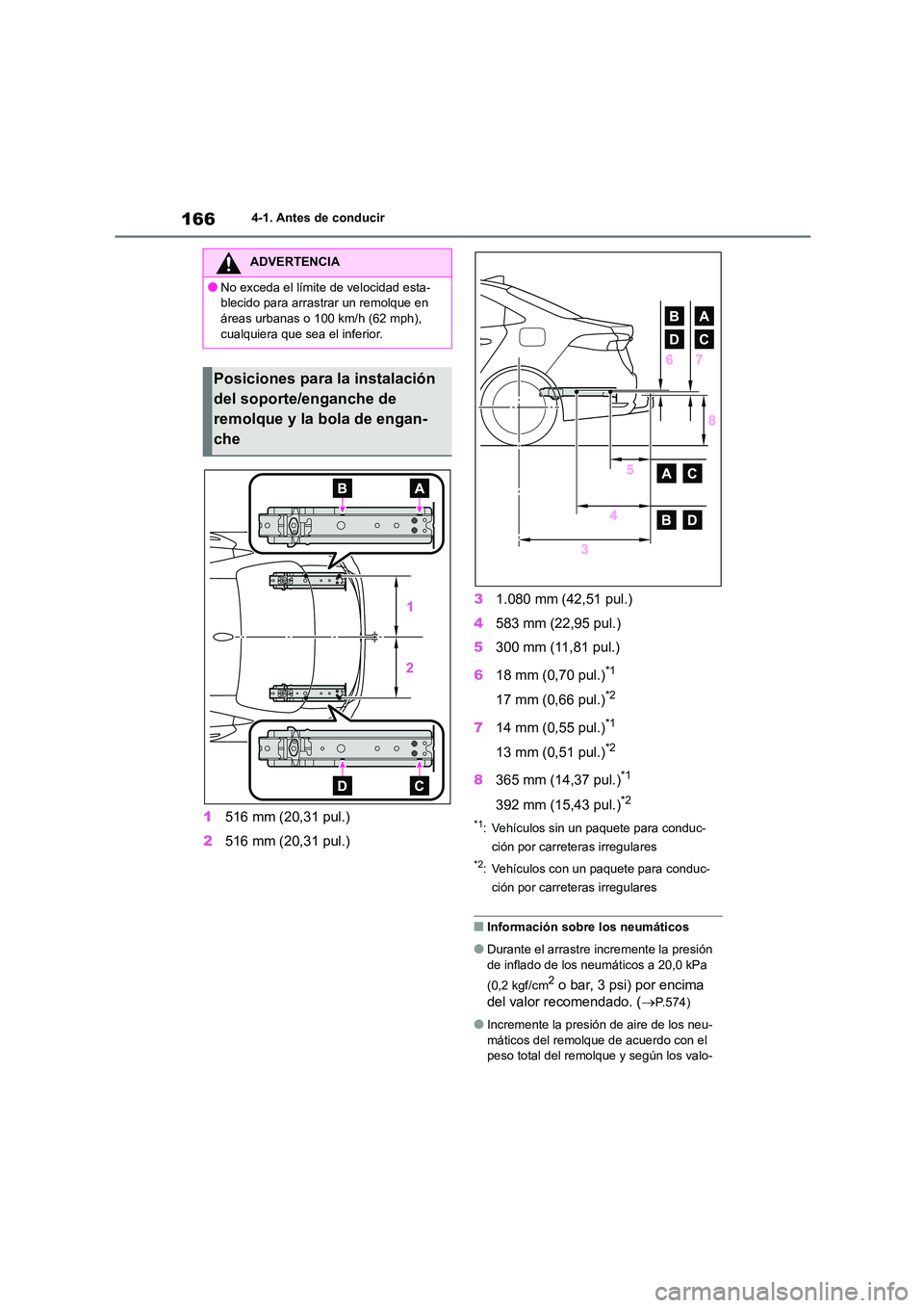 TOYOTA COROLLA 2023 Manual del propietario (in Spanish) 1664-1. Antes de conducir
1516 mm (20,31 pul.)
2 516 mm (20,31 pul.)
3 1.080 mm (42,51 pul.)
4 583 mm (22,95 pul.)
5 300 mm (11,81 pul.)
6 18 mm (0,70 pul.)*1
17 mm (0,66 pul.)*2
714 mm (0,55 pul TOYOTA COROLLA 2023 Manual del propietario (in Spanish) 1664-1. Antes de conducir
1516 mm (20,31 pul.)
2 516 mm (20,31 pul.)
3 1.080 mm (42,51 pul.)
4 583 mm (22,95 pul.)
5 300 mm (11,81 pul.)
6 18 mm (0,70 pul.)*1
17 mm (0,66 pul.)*2
714 mm (0,55 pul