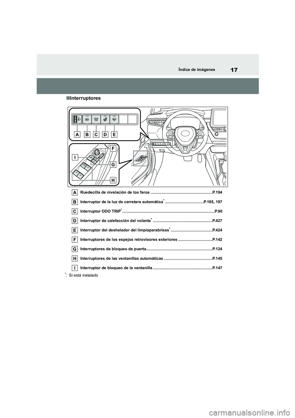 TOYOTA COROLLA 2023 Manual del propietario (in Spanish) 17Índice de imágenes
■Interruptores
Ruedecilla de nivelación de los faros ........................................................P.194
Interruptor de la luz de carretera automática*.......... TOYOTA COROLLA 2023 Manual del propietario (in Spanish) 17Índice de imágenes
■Interruptores
Ruedecilla de nivelación de los faros ........................................................P.194
Interruptor de la luz de carretera automática*..........