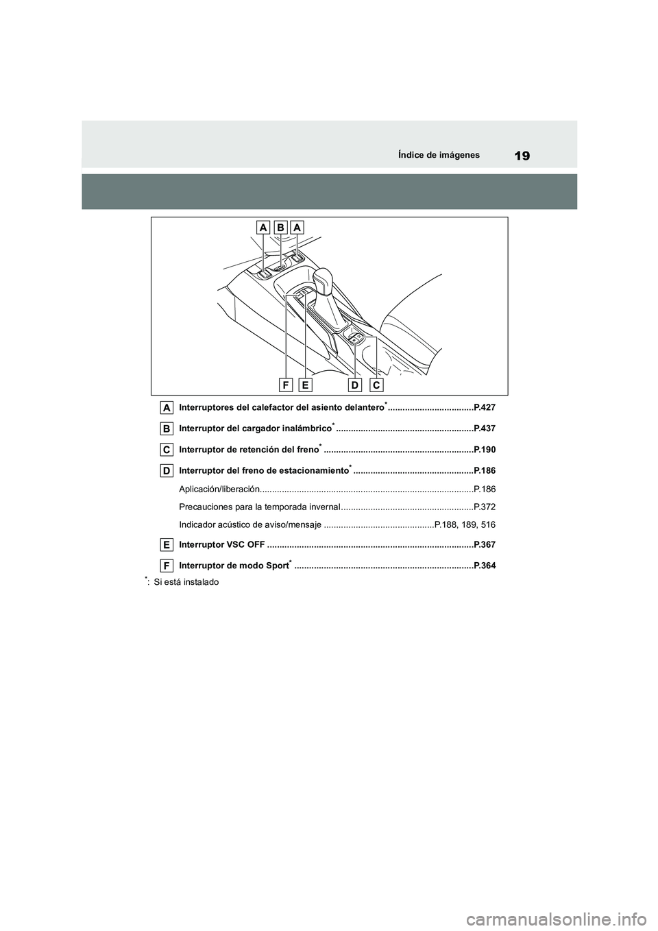 TOYOTA COROLLA 2023 Manual del propietario (in Spanish) 19Índice de imágenes
Interruptores del calefactor del asiento delantero*...................................P.427
Interruptor del cargador inalámbrico*.............................................. TOYOTA COROLLA 2023 Manual del propietario (in Spanish) 19Índice de imágenes
Interruptores del calefactor del asiento delantero*...................................P.427
Interruptor del cargador inalámbrico*..............................................